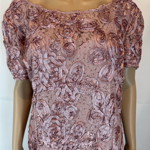 Alex Evenings Rosette A-Line Gown Sequins Short Sleeve in Rose Pink Size 18 - Picture 3 of 16
